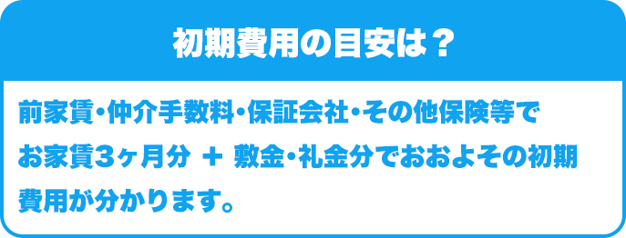 初期費用の目安は？｜前家賃･仲介手数料･保証会社･その他保険等でお家賃3ヶ月分 ＋ 敷金･礼金分でおおよその初期費用が分かります。